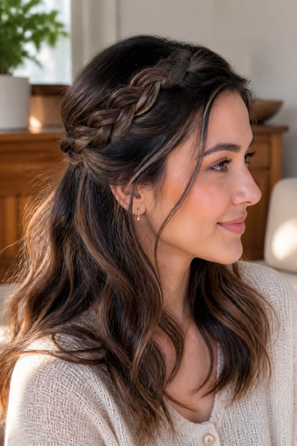 Close-up portrait of a real woman with a loose side braid Half Up hairstyle, braided from above the ear toward the back.