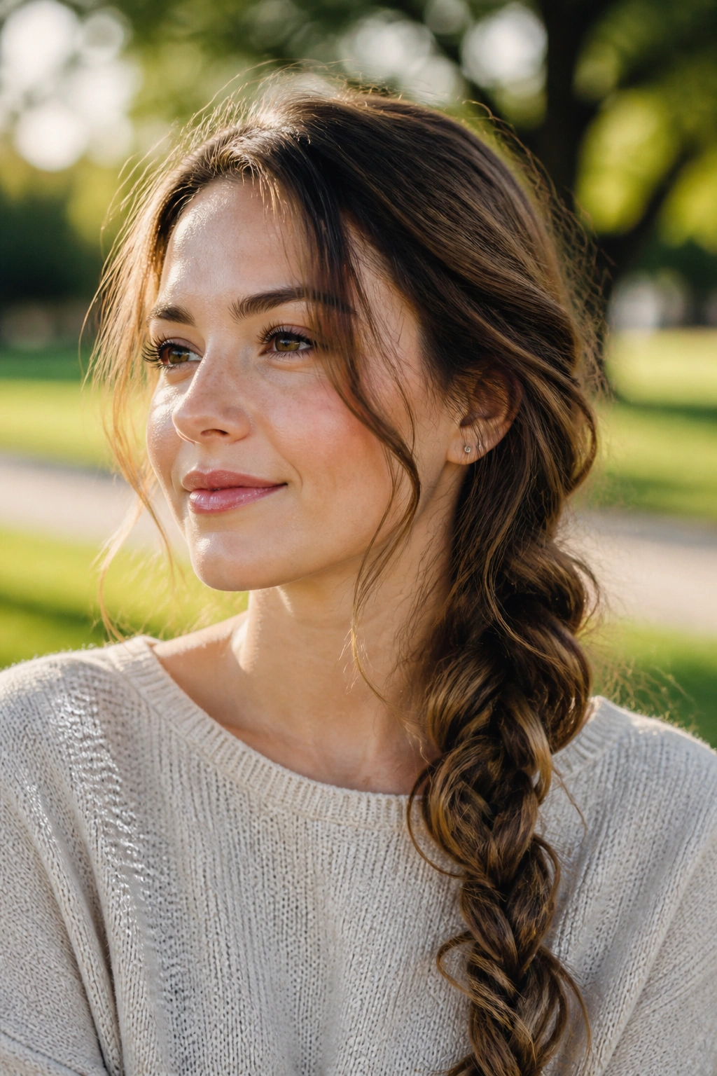 Portrait of a woman with a loose side braid and soft tendrils in a park morning light.
