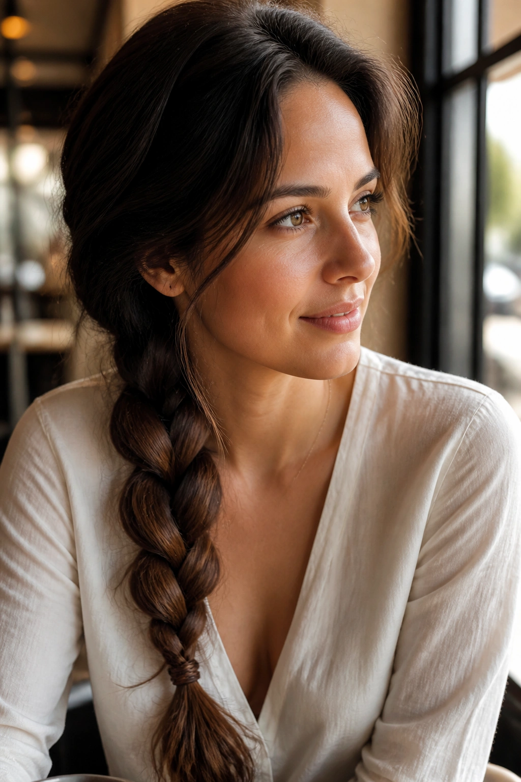 Portrait of a real woman with a loose side braid over her shoulder