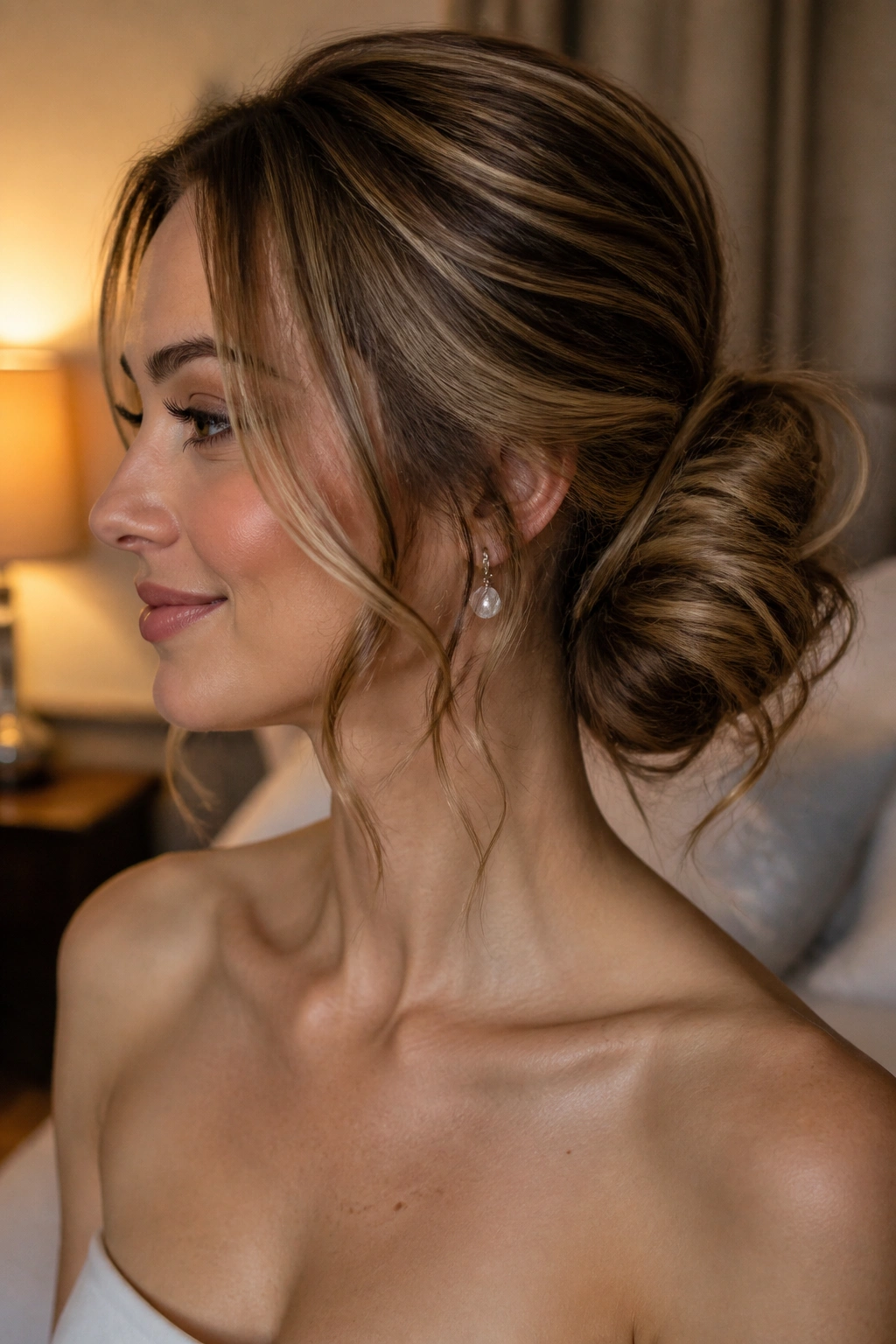 Side view of a real woman with a loose side bun and open jawline