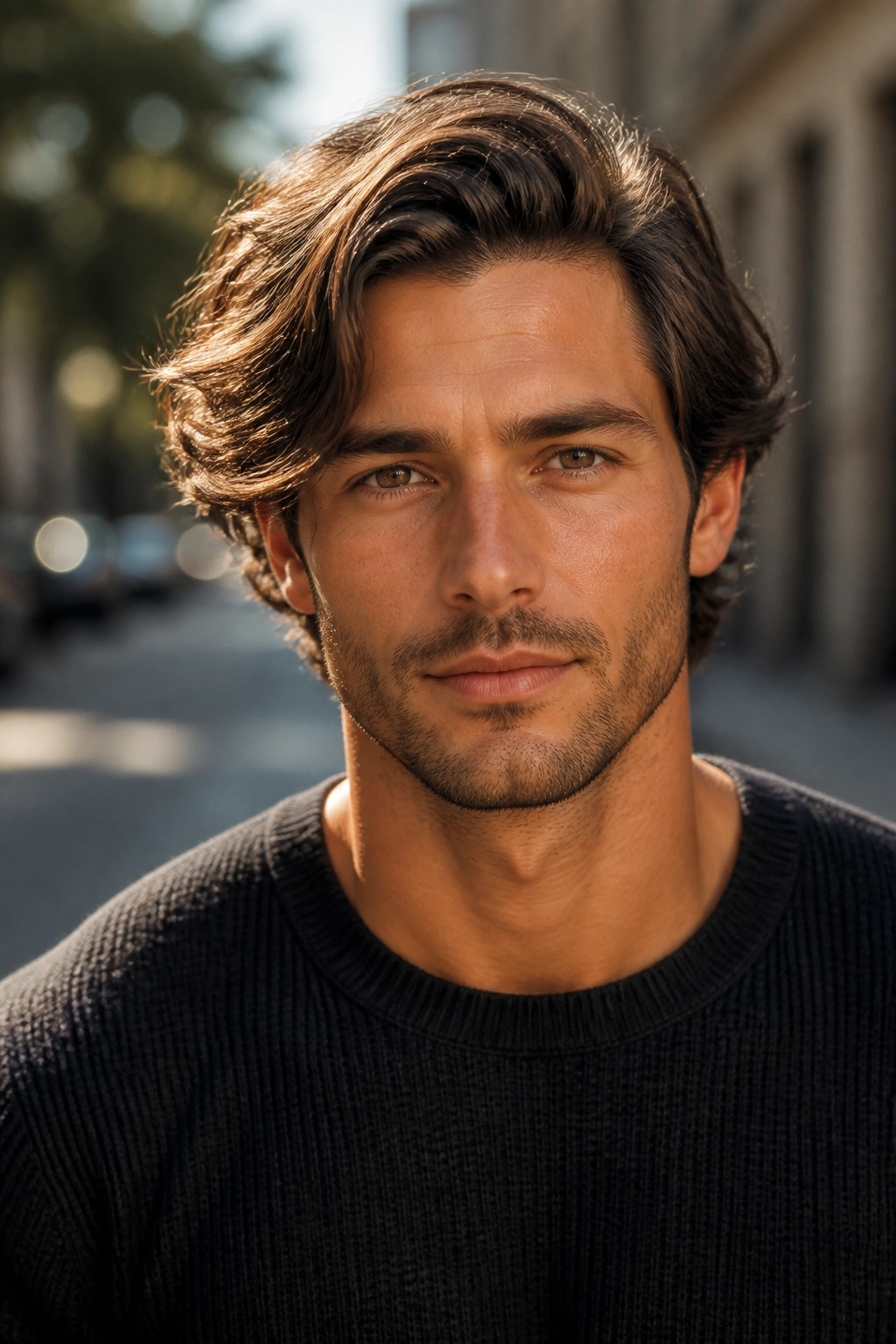 Portrait of a man with a loose side part and natural waves in outdoor light