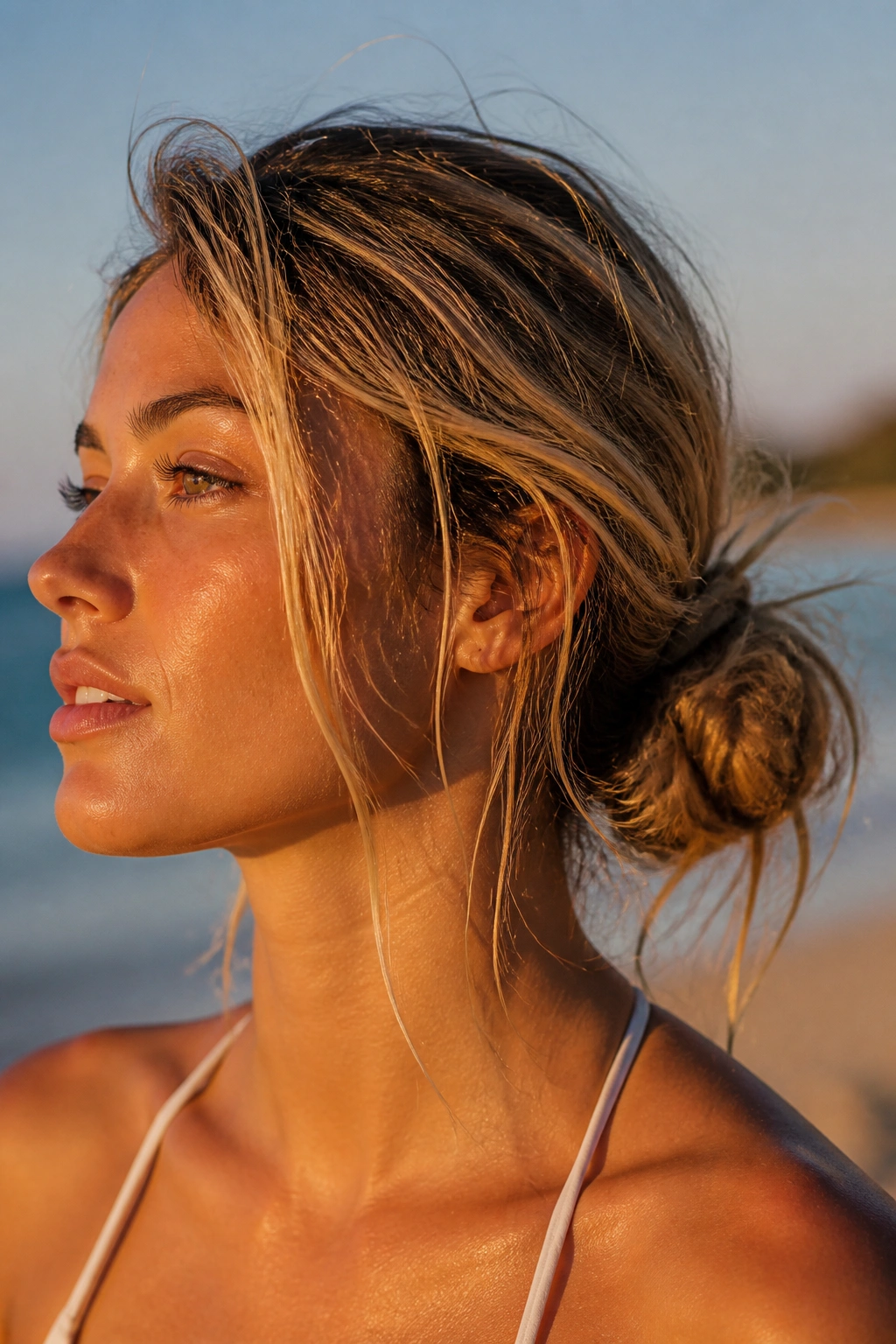 Close-up of a woman with a loose surf bun on the beach