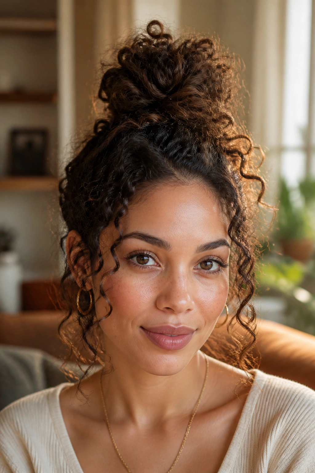 Real woman with a loose top knot and tendrils around the face in a sunlit living room