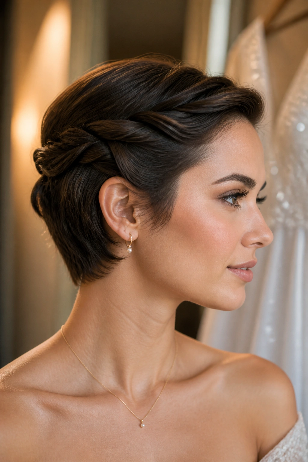 Close-up of a real woman with a loose twisted halo on a short hairstyle