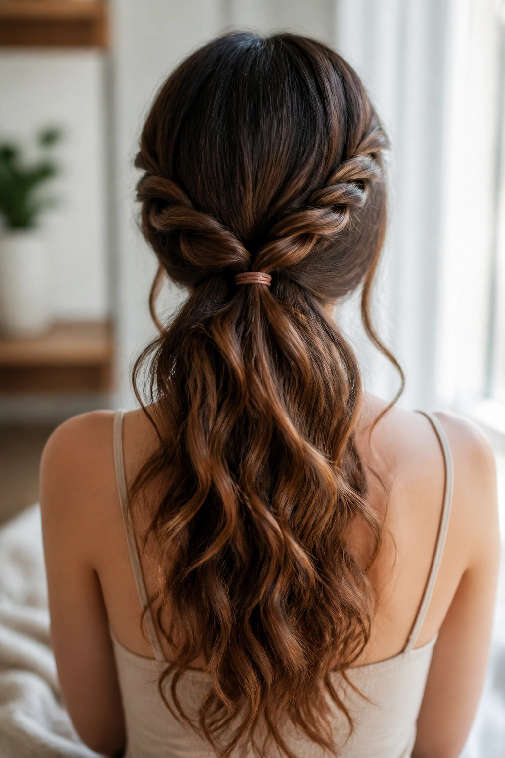 Back view of a real woman showing two loose twists at the nape creating ribbon-like waves.
