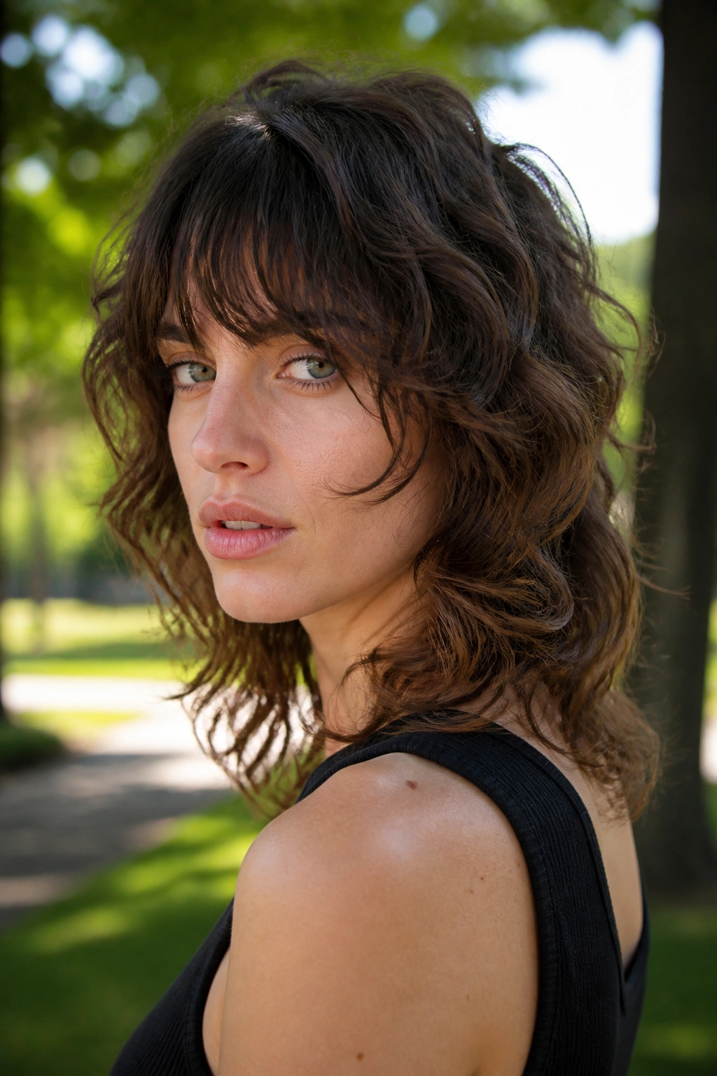 Close-up portrait of a real person with loose wave shag hairstyle