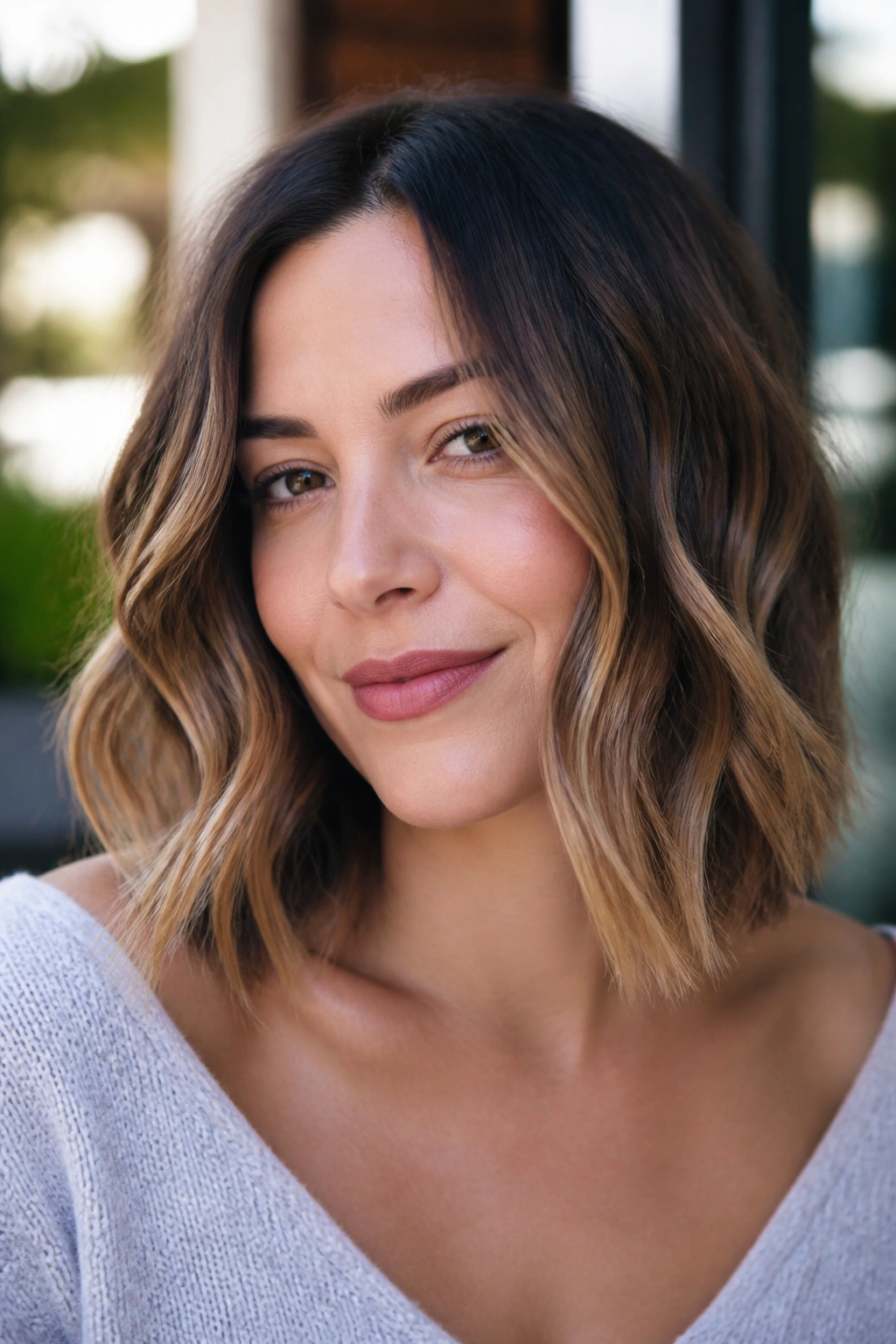 Close-up of a real woman with loose waves on a lob