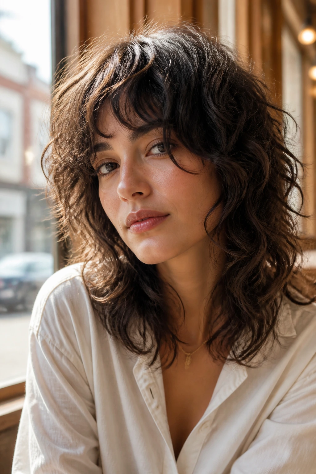 Close-up portrait of a real woman with loose waves and airy ends in a sunlit cafe