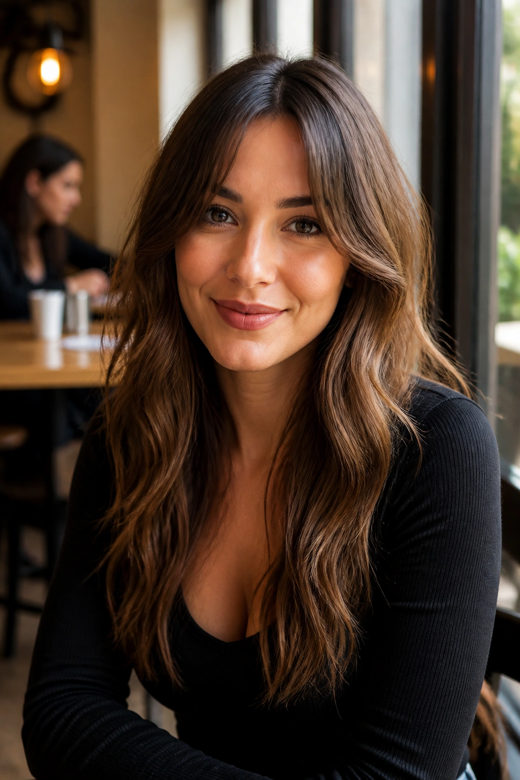 Real woman with loose waves and bottleneck bangs in a sunlit setting.