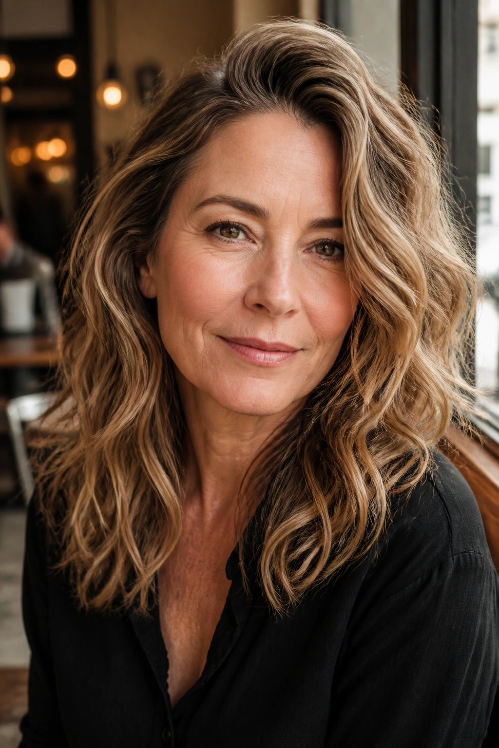 Portrait of a woman with deep side part and loose waves in warm natural light
