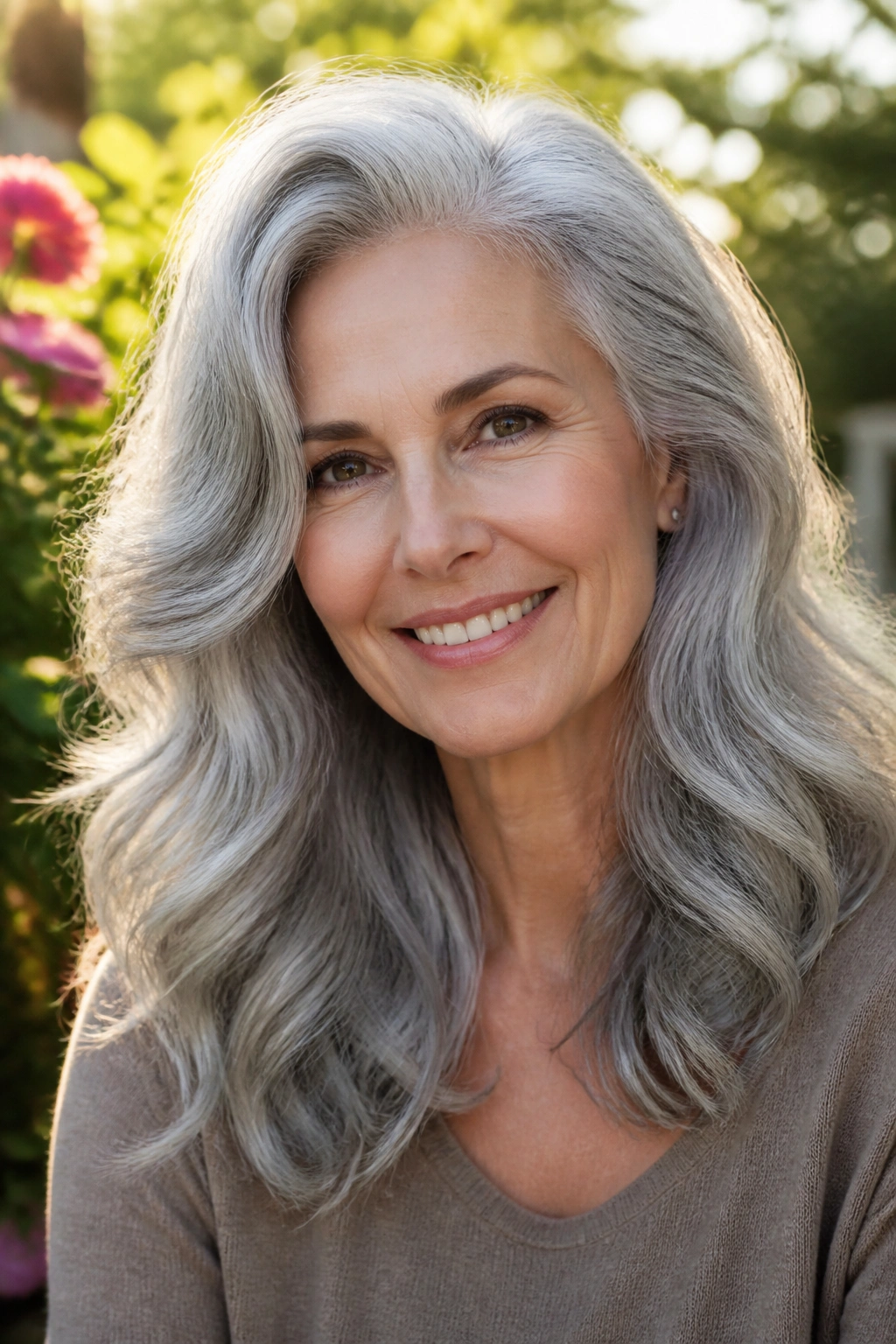 Close-up of a mature woman with loose waves and a deep side part.