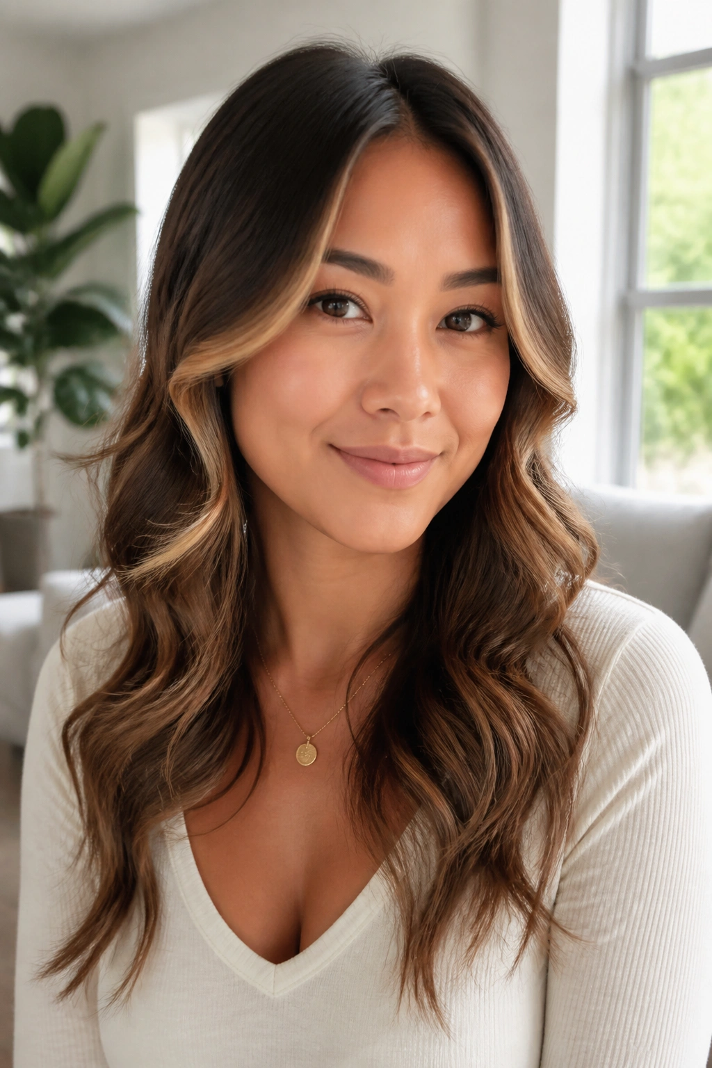 Portrait of a woman with loose waves and face-framing pieces