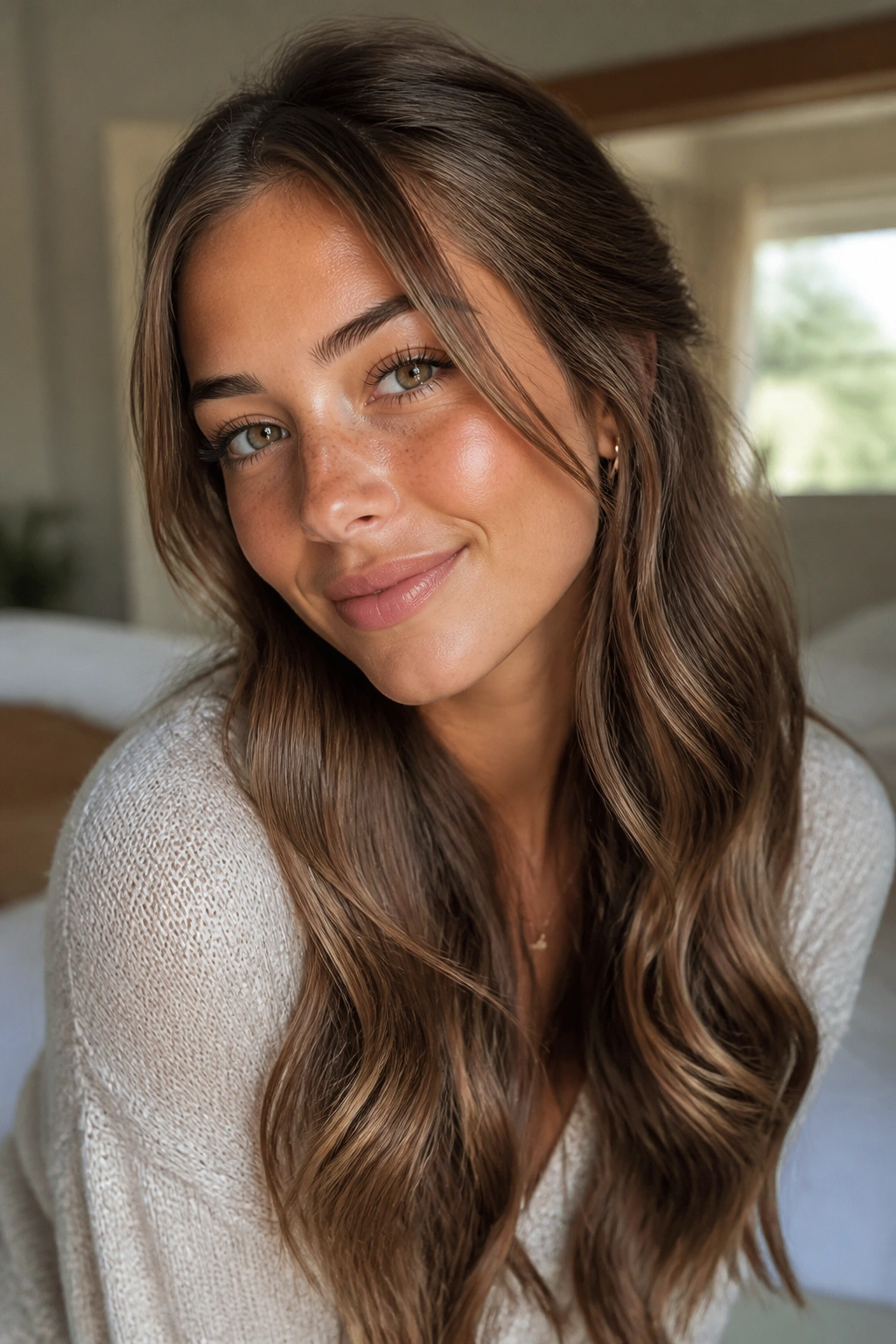 Close-up of a real woman with loose waves and face-framing pieces under natural window light