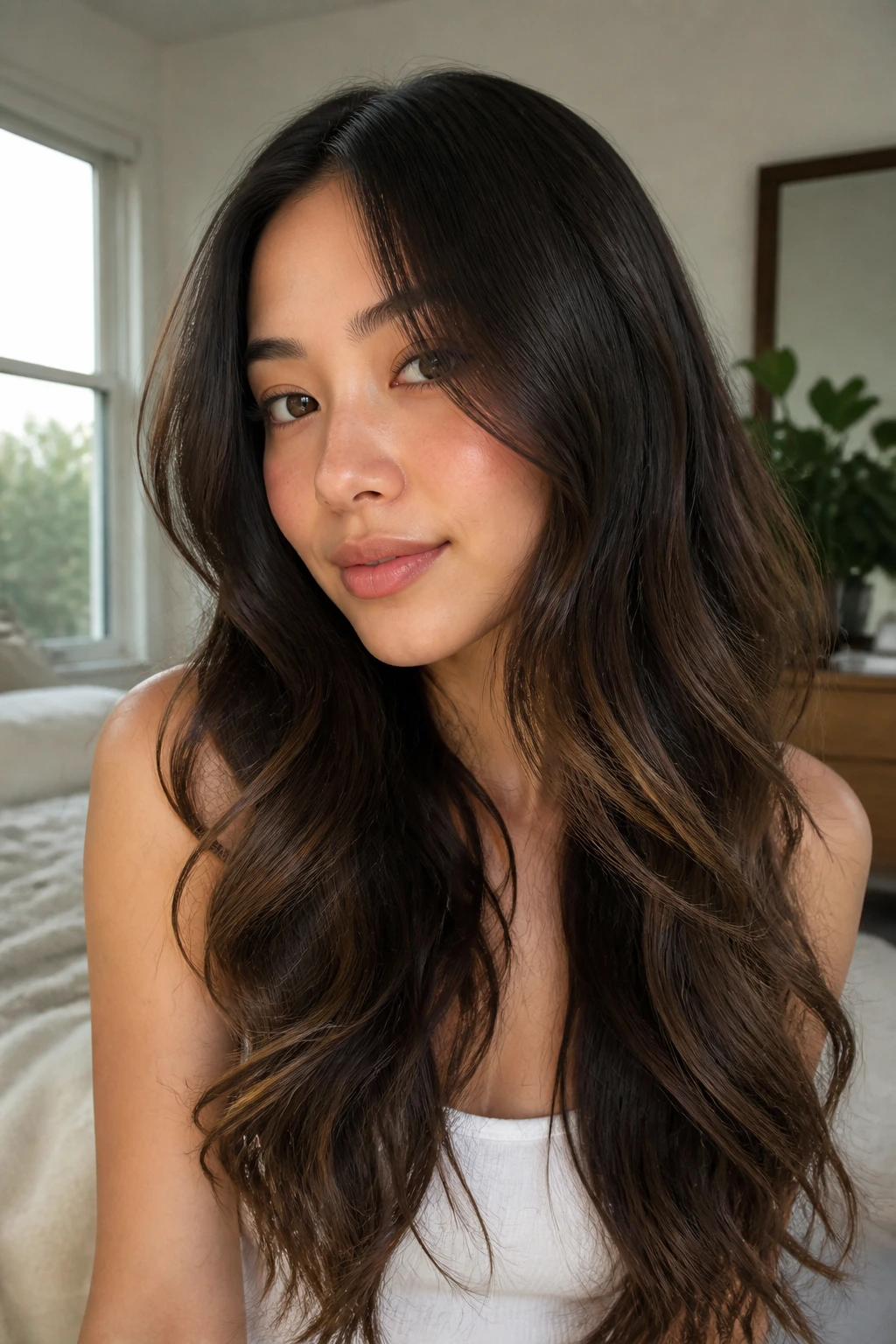 Real woman with long loose-wave long layers in warm bedroom light