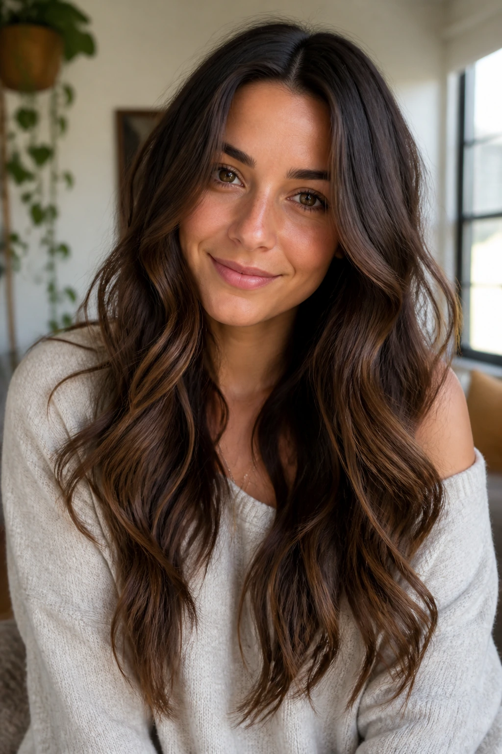 Real woman with heatless loose waves in long hair under window daylight