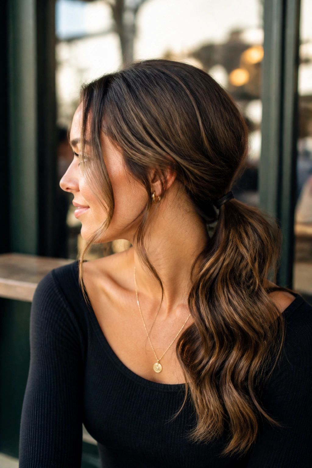 Woman with loose waves in a low ponytail