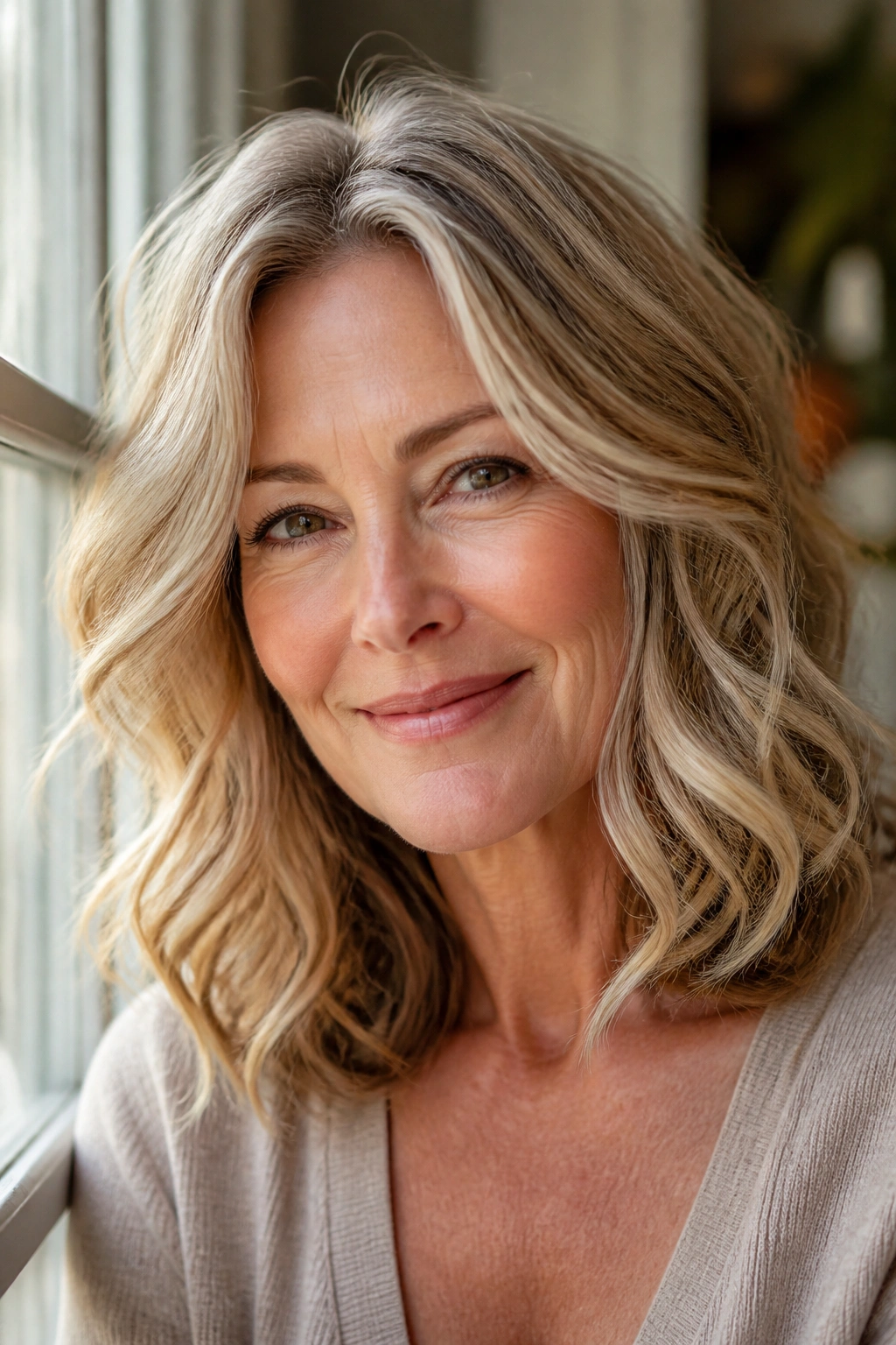 Close-up of a real woman with shoulder-length loose waves