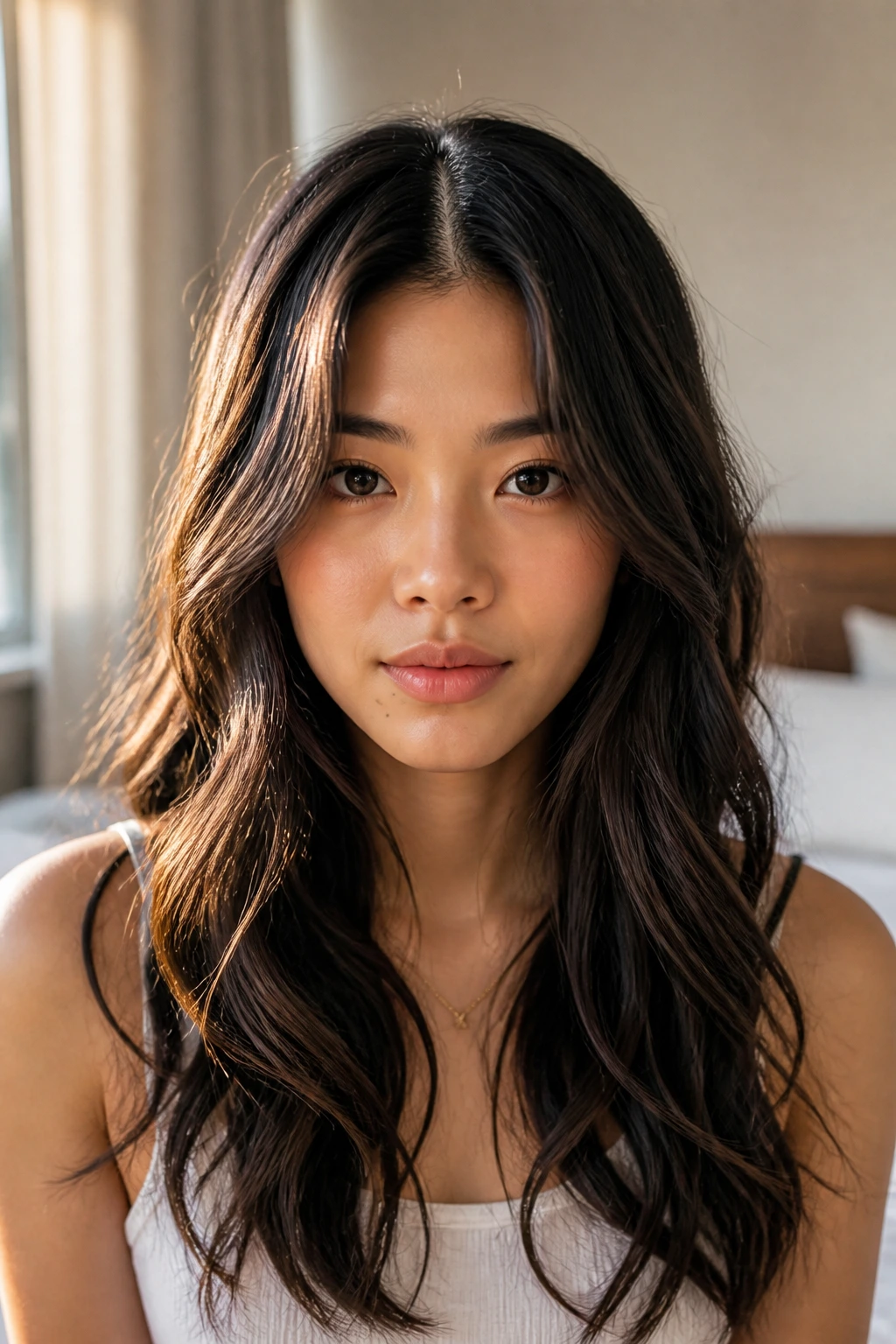 Real woman with loose waves and a middle part in a cozy bedroom
