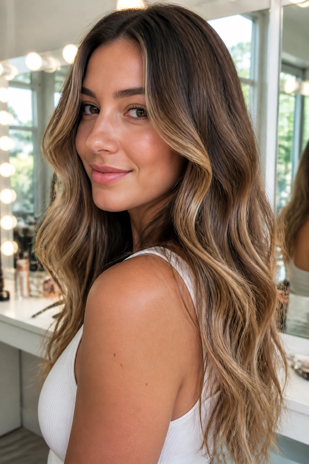Close-up of a woman with loose waves created by a one-inch iron in a bright dressing room