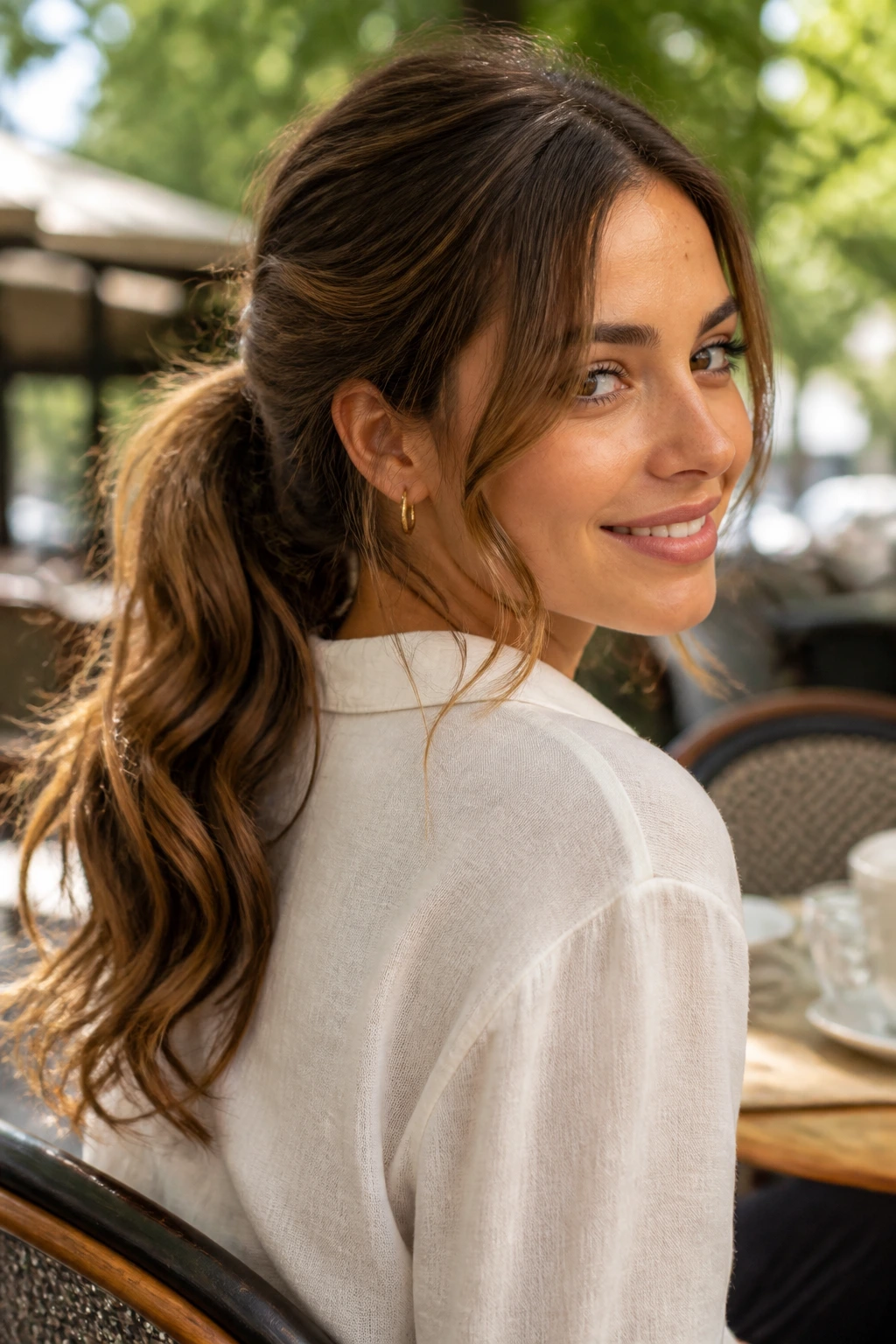 Close-up portrait of a woman with loose wavy ponytail in natural light.