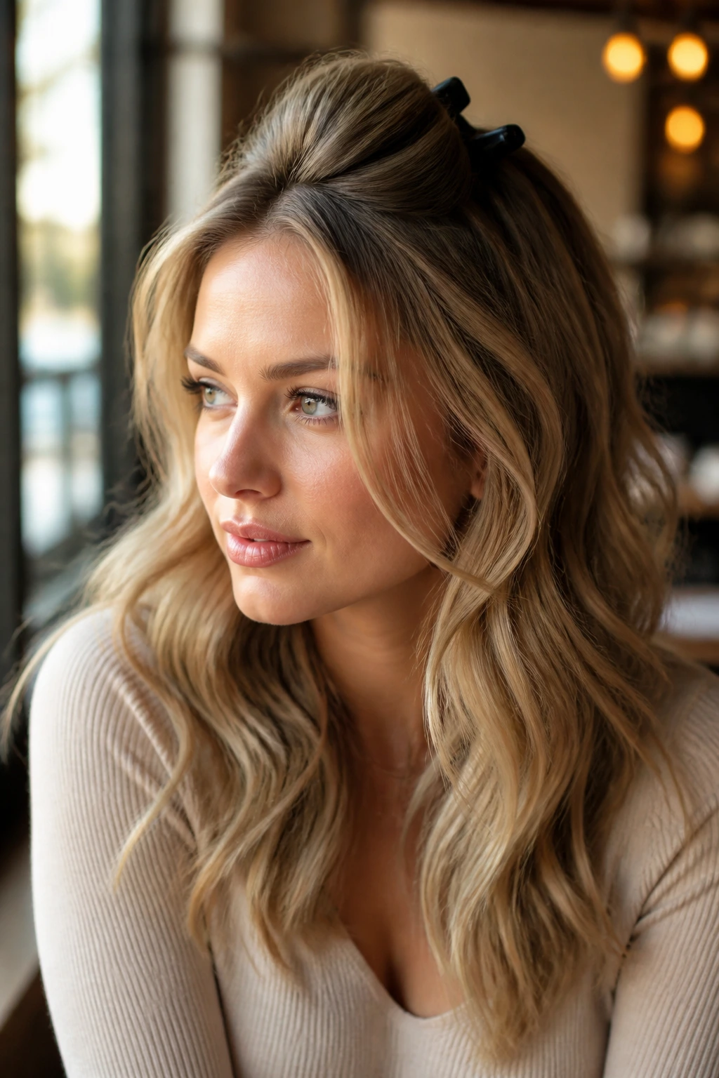 Real woman with loose waves and root clips for lift