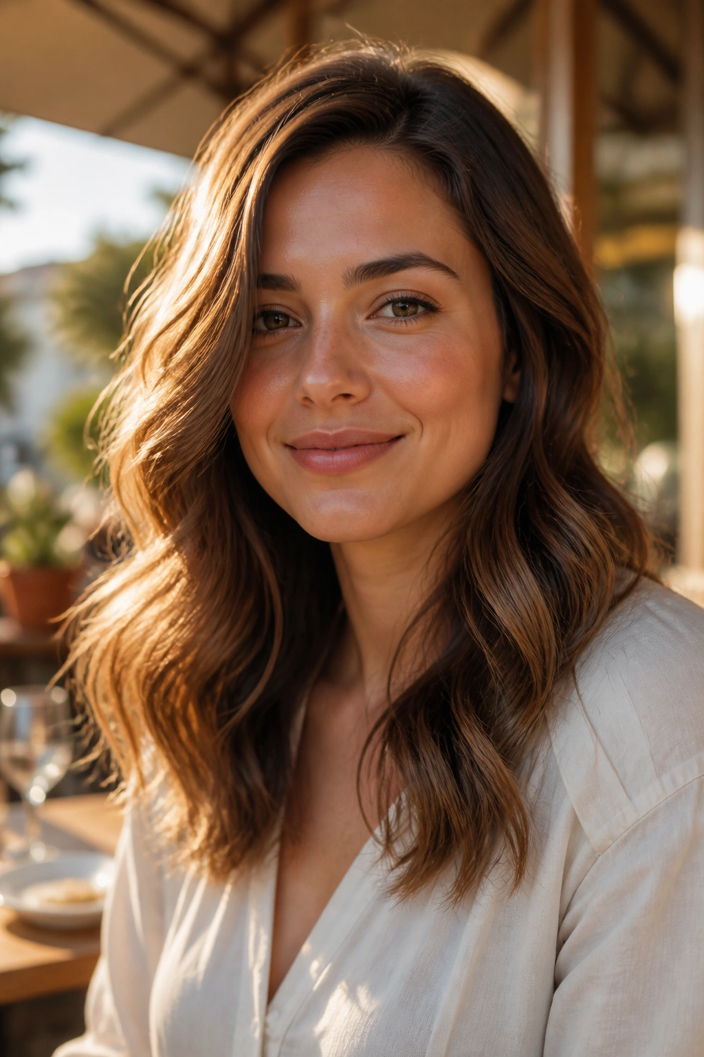 Close-up of a woman with loose waves starting below the cheekbone