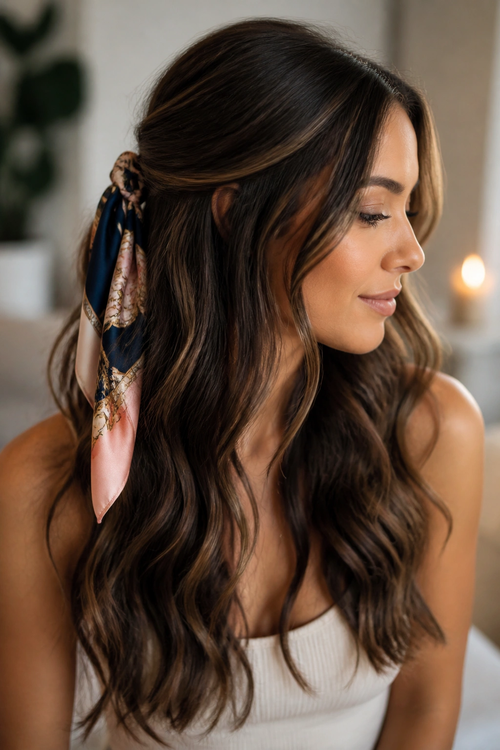 Woman with loose waves and silk scarf adding a finishing touch.