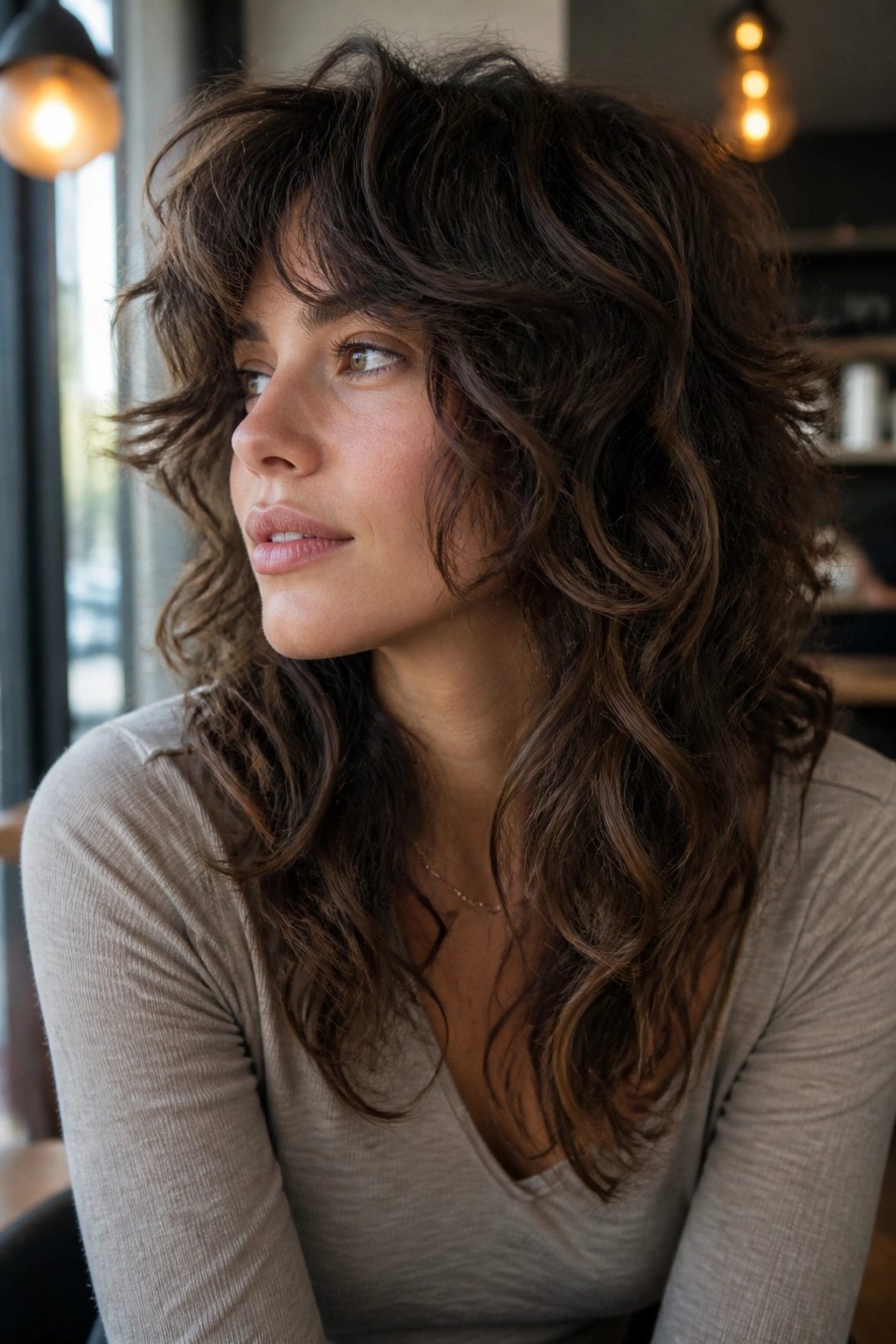 Portrait of real person with loose waves curly wolf cut at a cafe window light.