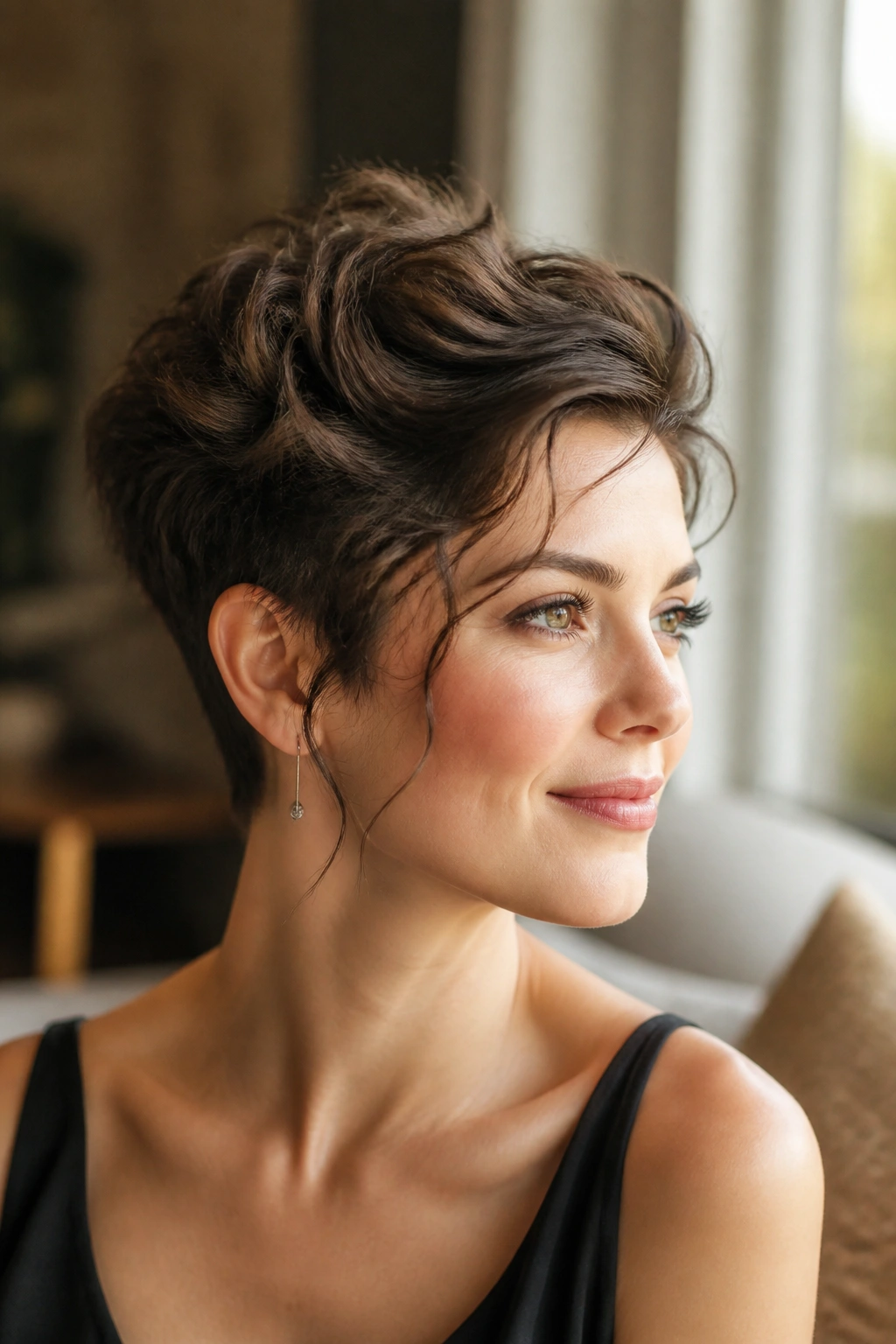 Close-up portrait of a real woman with loose wisps and a soft pixie finish
