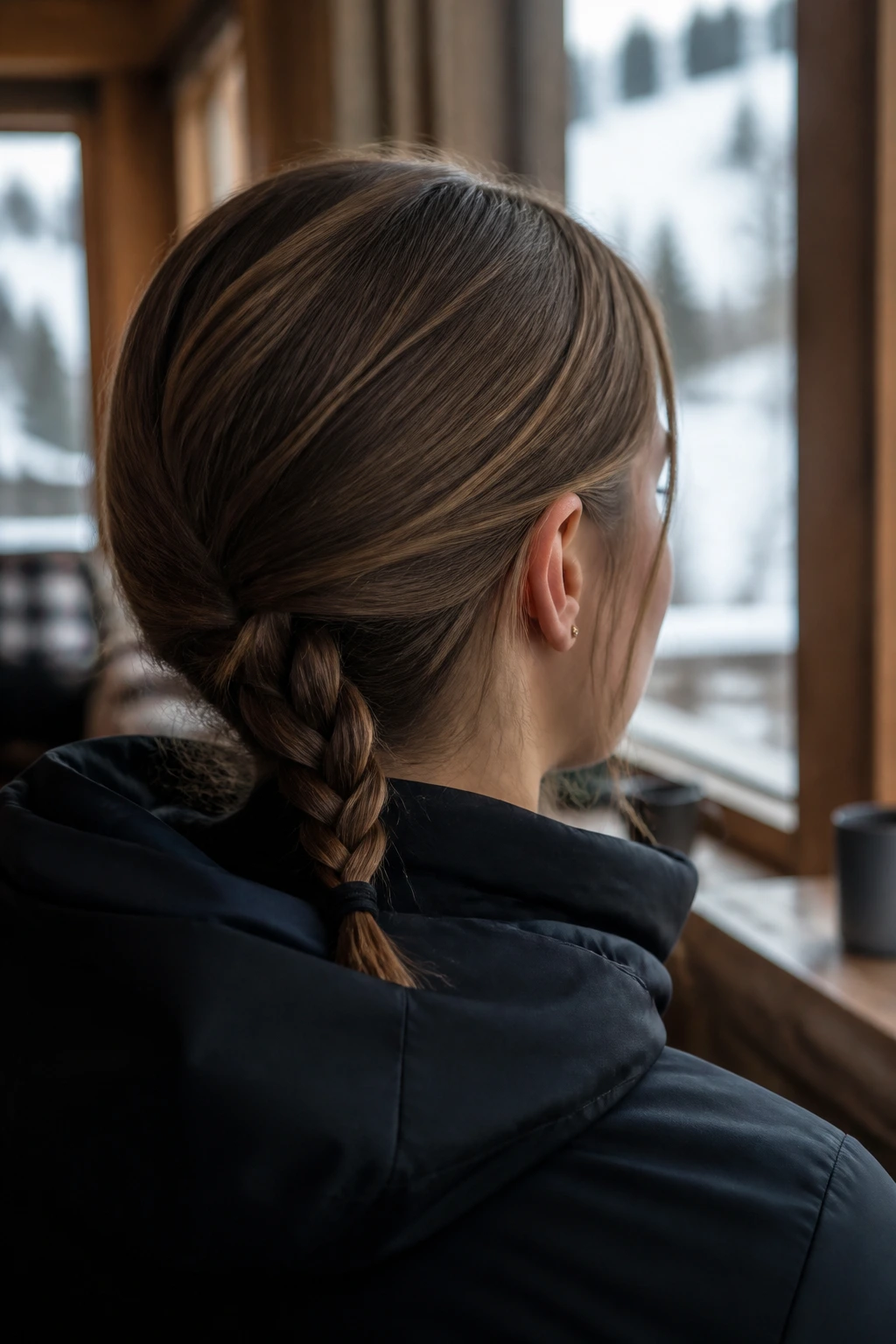 Close-up portrait of a real woman with a single low braid at the nape in a ski-lodge setting