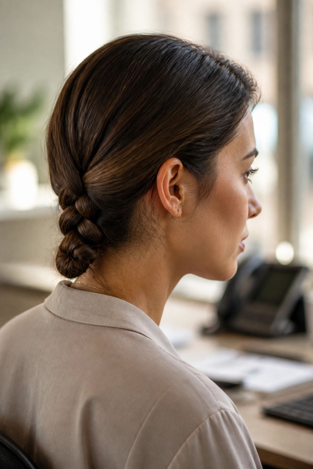 Close-up of a real woman with a low three-strand braid at the nape in an office.