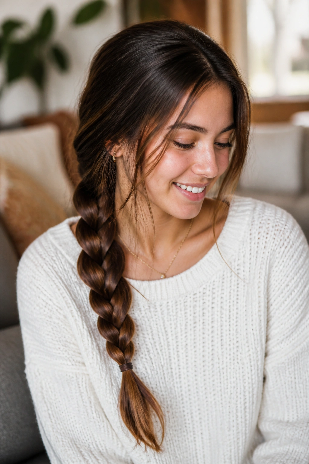 Close-up of a real woman with a low three-strand braid over her shoulder