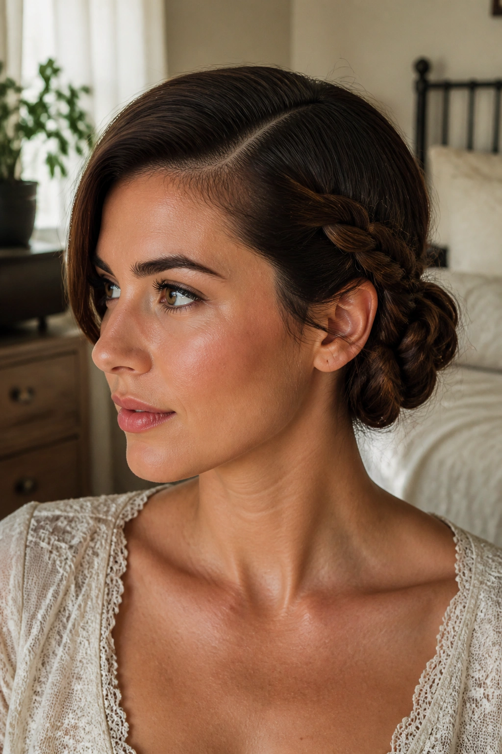Close-up of a woman with a low braided bun tucked behind the ear on a deep side part, in a sunlit bedroom.