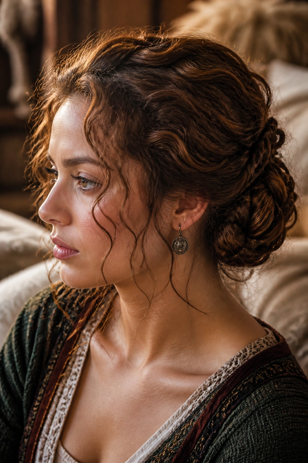 Close-up of a person wearing a low braided bun with hidden pins and visible curls.