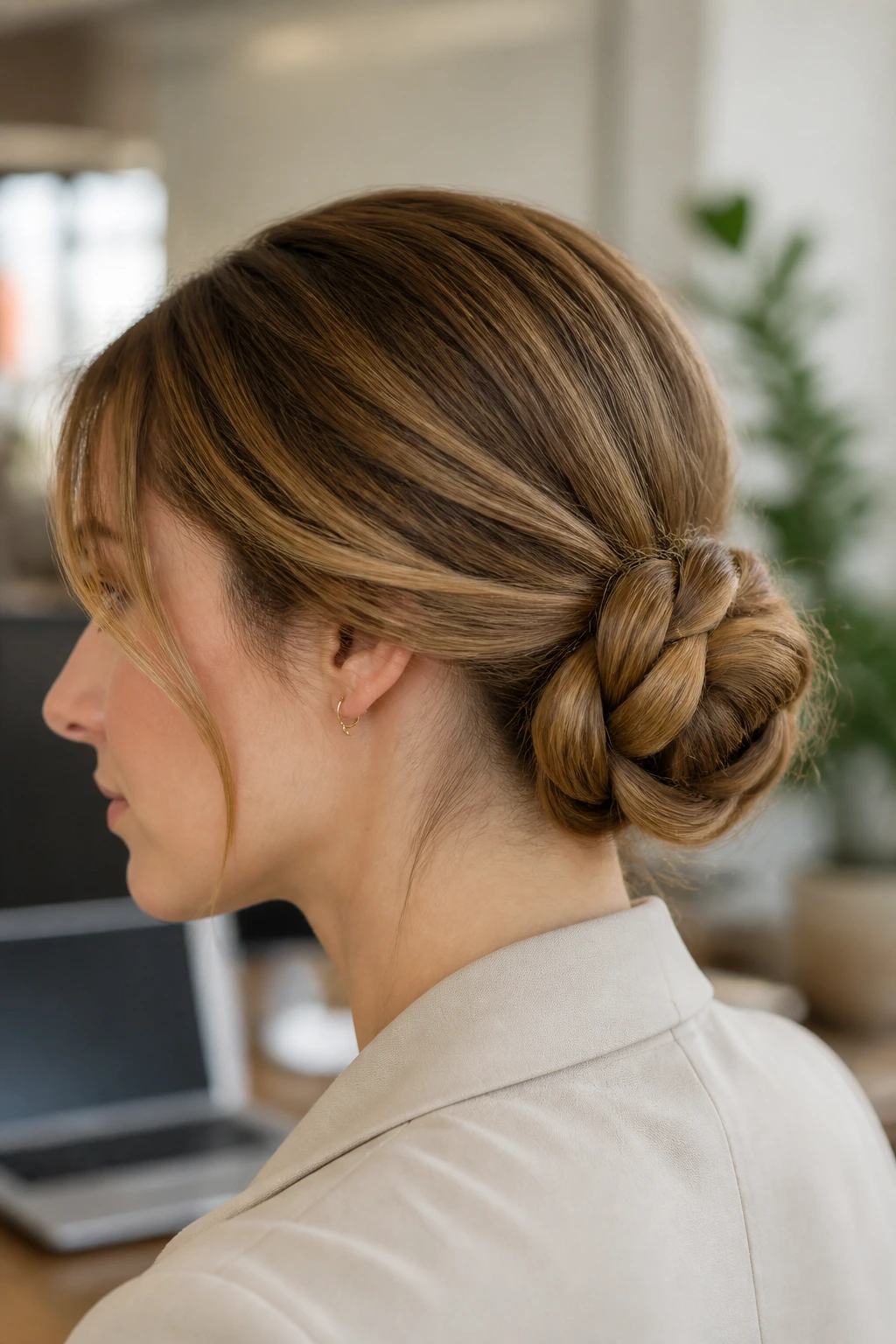 Close-up of a real woman with a textured low braided bun in a bright office