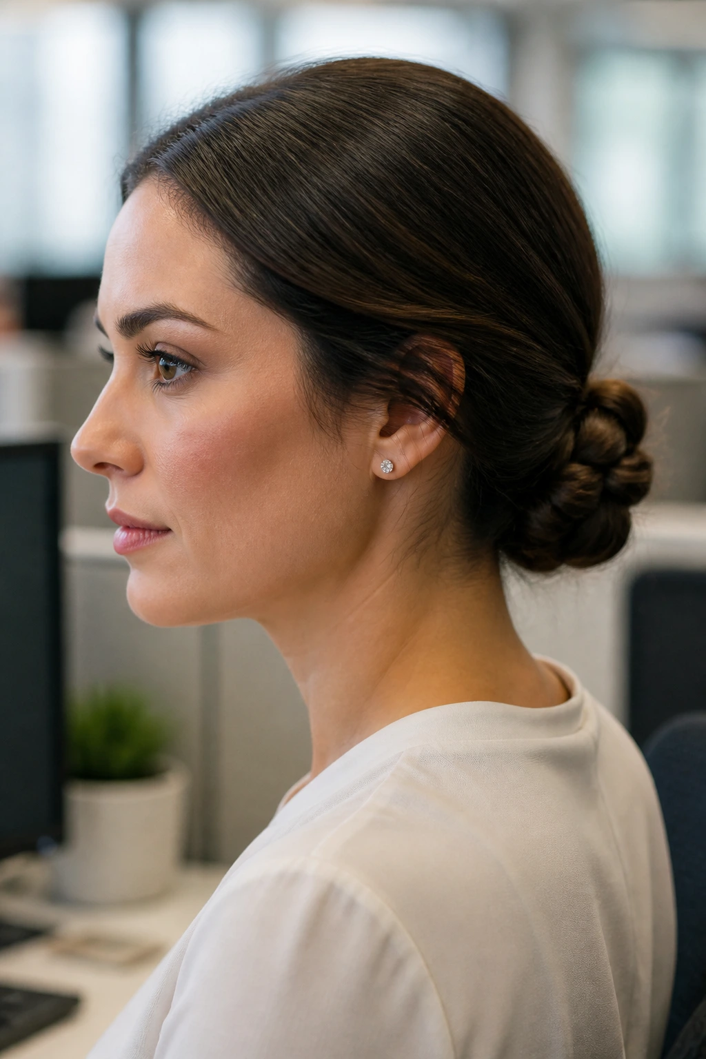 Close-up of a real woman with a low braided bun at the nape in an office setting