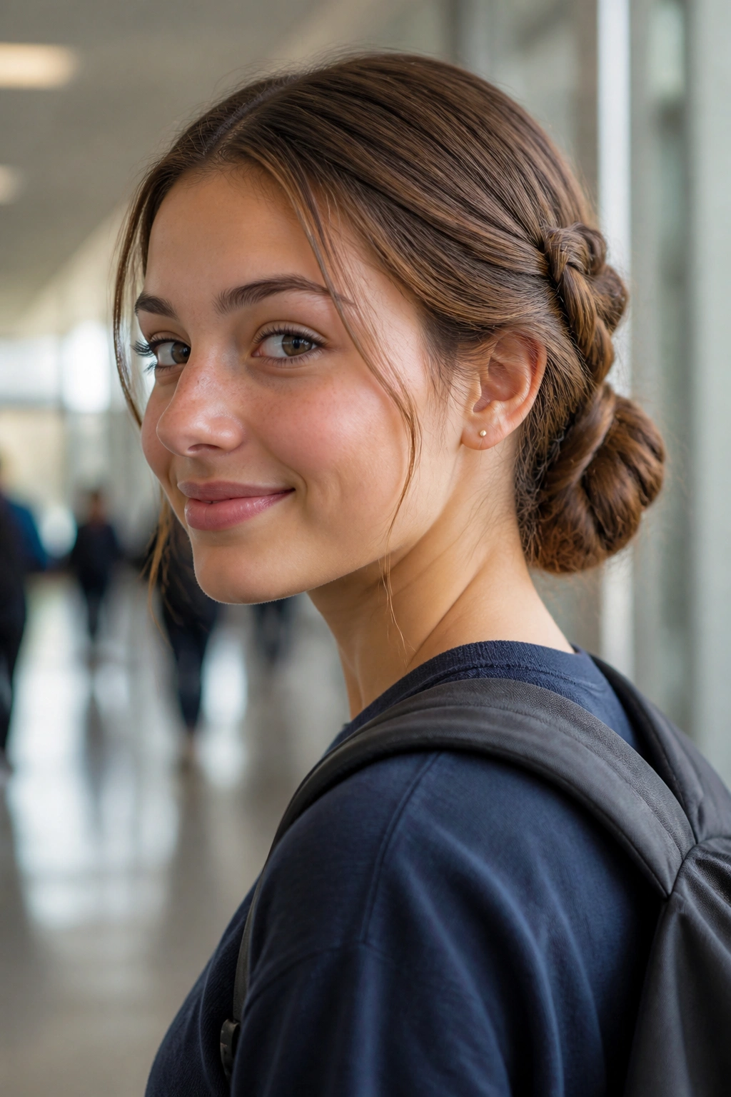 Real student with a low braided bun at the nape in hallway daylight.