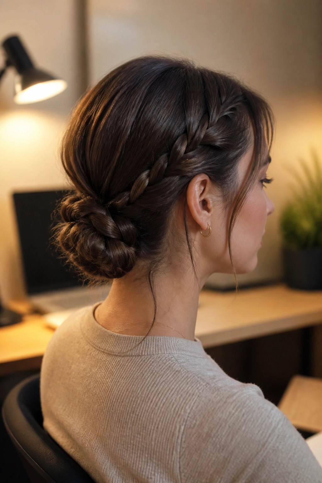 Portrait of a person with a low braided bun at the nape