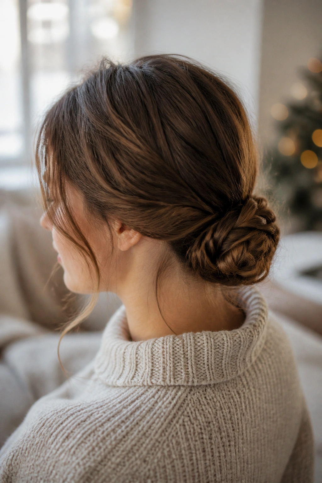 Close-up of a woman with a low braided bun in winter light