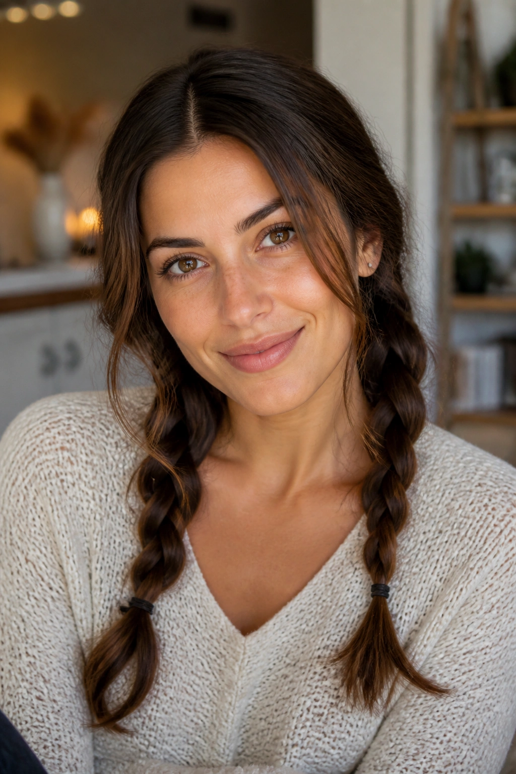 Real person with two low braided pigtails in a cozy home setting.