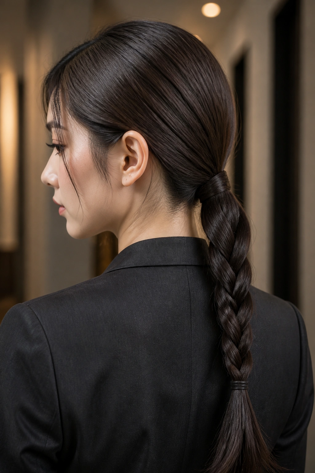 Real woman with a low, braided ponytail at the nape in a softly lit hallway