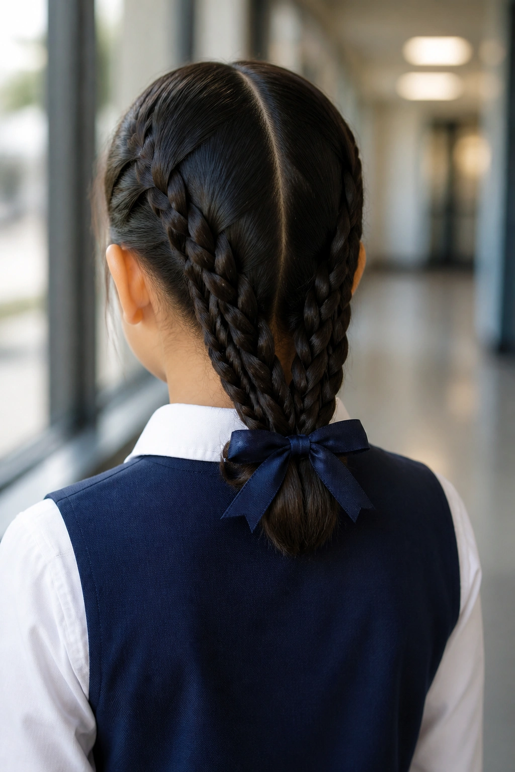 Rear view of a girl with four low braids and a bow at the nape in a school hallway