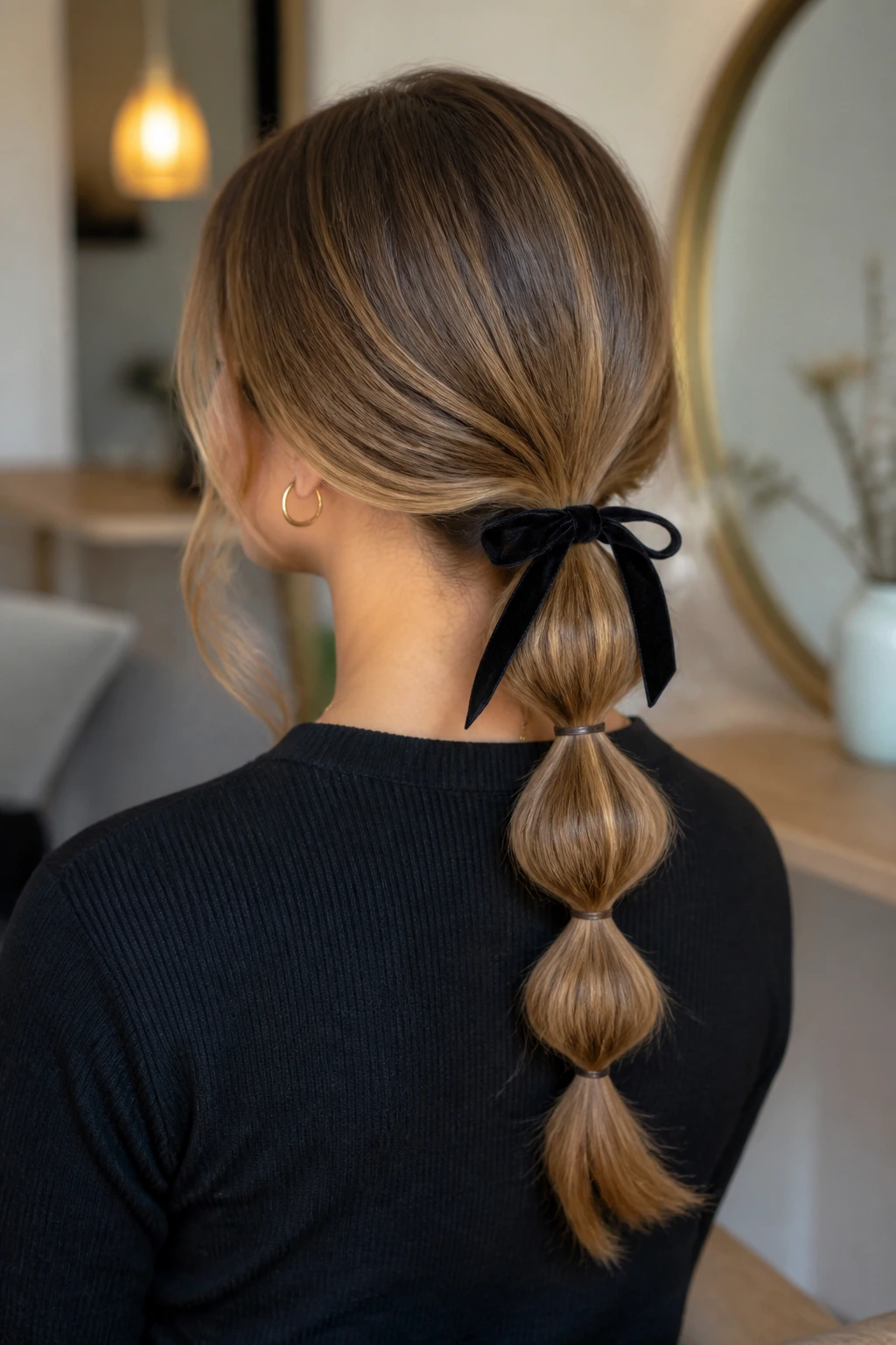 Back view of a real woman with a low bubble braid down the nape
