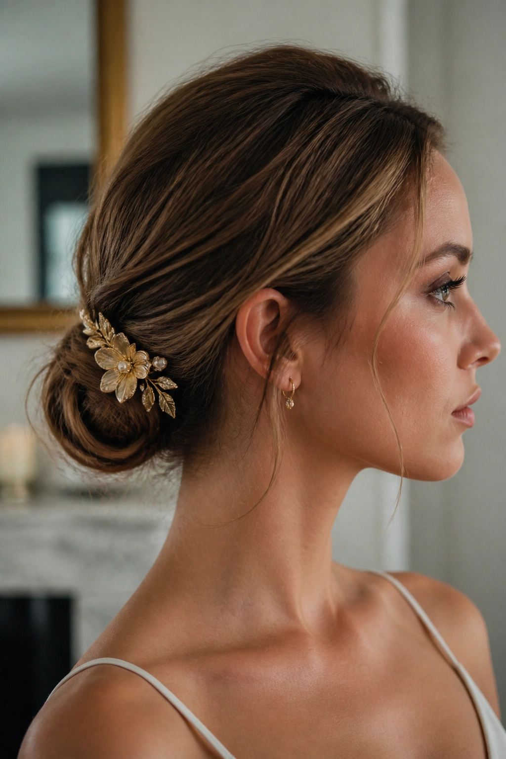 Real woman with a low bun accented by a decorative accessory on the side
