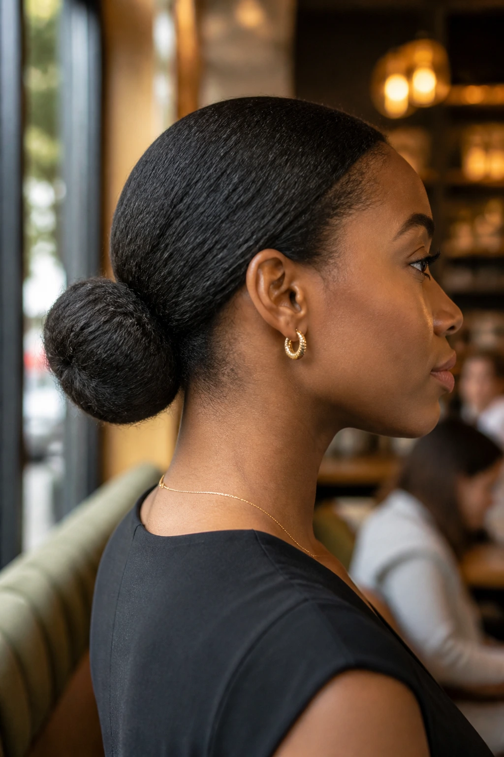 Profile portrait of a woman with a sleek low bun