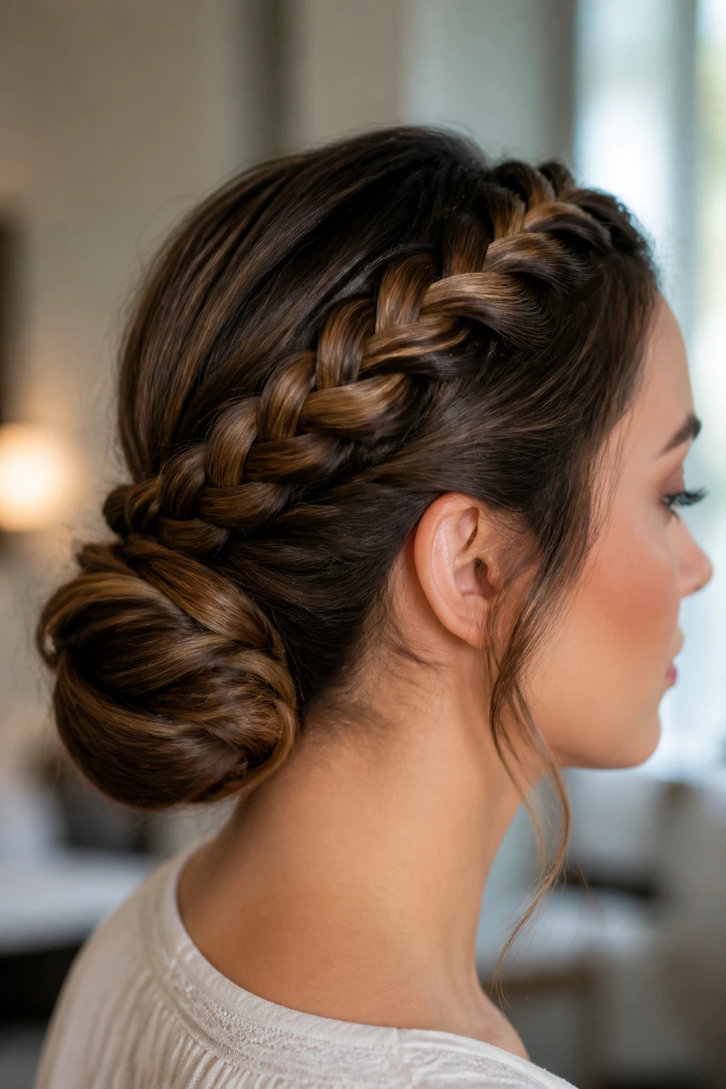Close-up of a woman with a crown braid leading into a low bun at the nape.