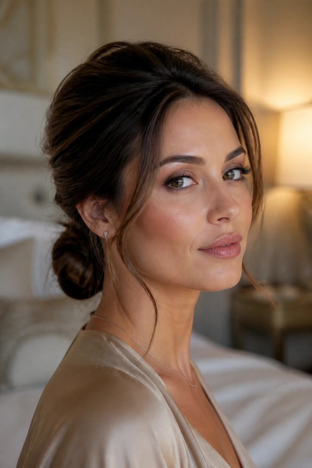 Real person with a low bun and crown volume softening a diamond face