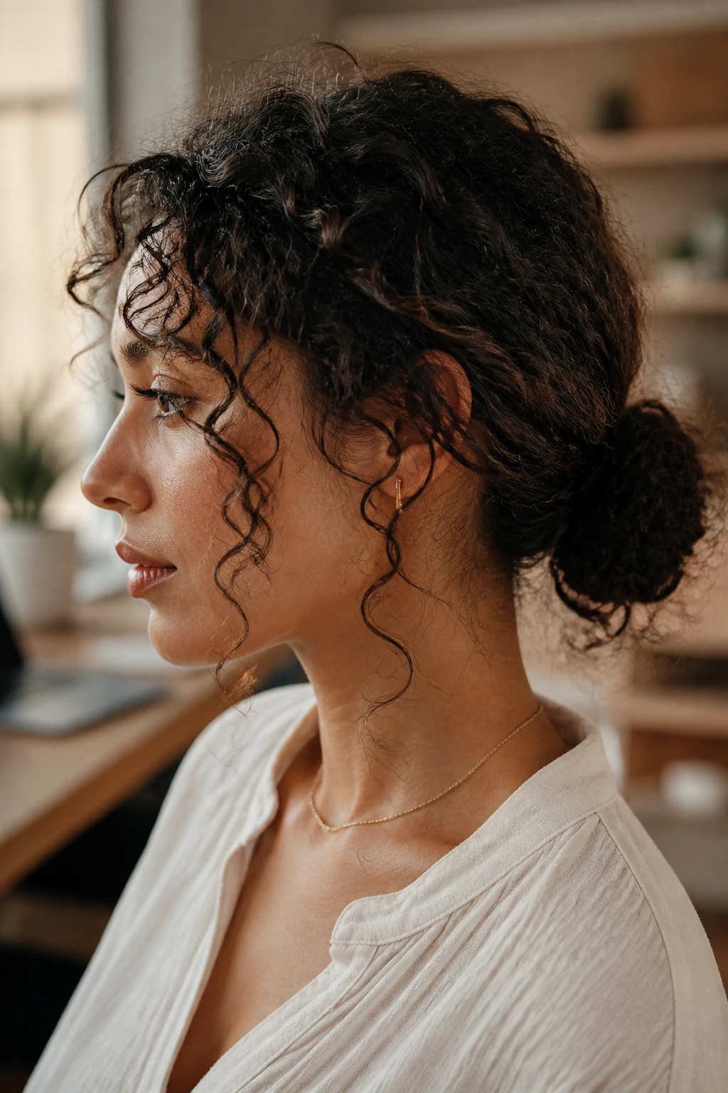 Close-up of a real person with a low curly bun and loose tendrils