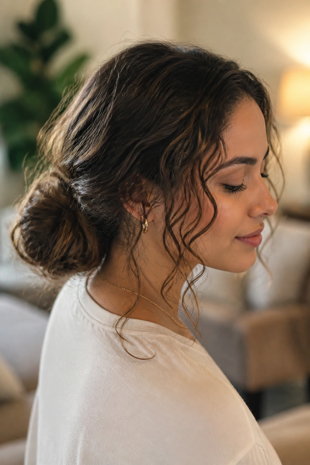 Close-up of a woman with a low bun and escaped curls.