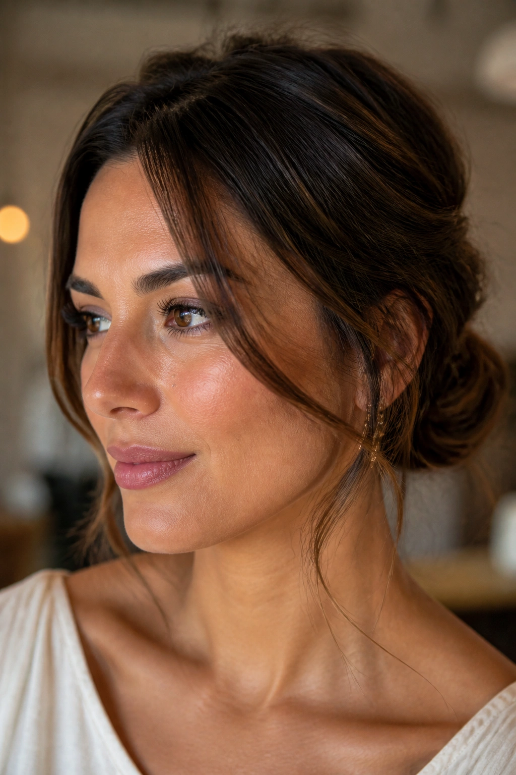 Close-up of a real woman in a low bun with soft face-framing pieces.